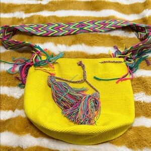 Colombian artesanal Vibrant Yellow Woven Shoulder Bag with Multicolor Strap